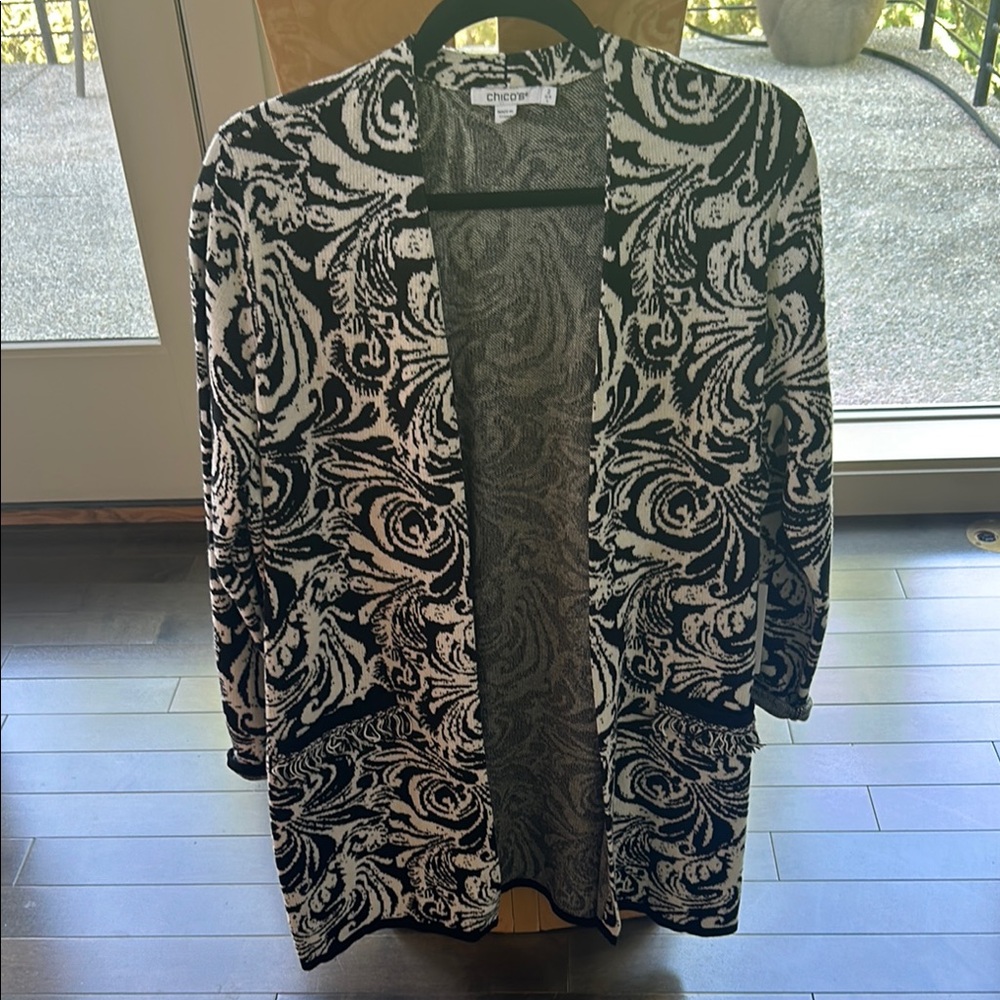 Chico's Black and White Cardigan Sweater with Paisley Design